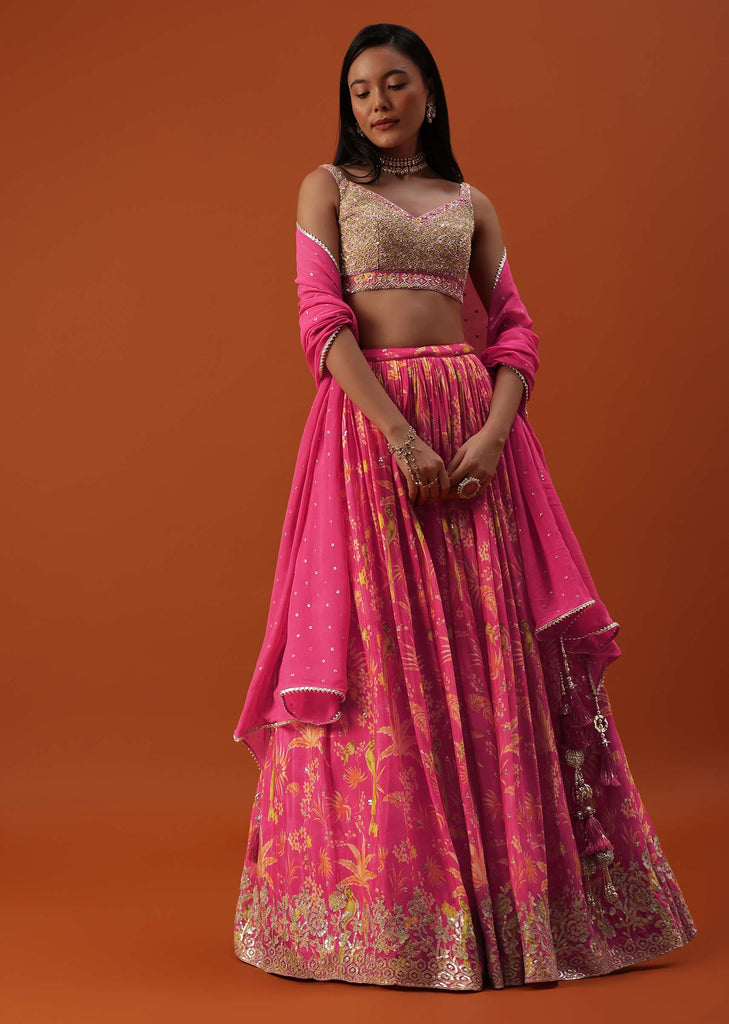 Hot Pink Lehenga And Blouse In Chinon With Floral Work