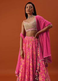 Hot Pink Lehenga And Blouse In Chinon With Floral Work