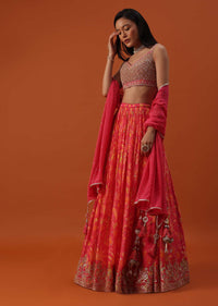 Hot Pink Lehenga And Blouse In Chinon With Floral Work