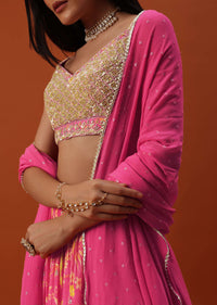 Hot Pink Lehenga And Blouse In Chinon With Floral Work