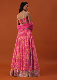 Hot Pink Lehenga And Blouse In Chinon With Floral Work