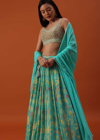 Sky Blue Lehenga And Blouse In Chinon With Floral Work