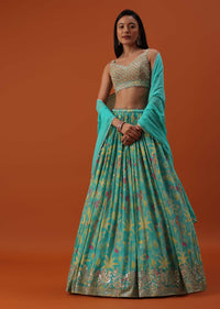 Sky Blue Lehenga And Blouse In Chinon With Floral Work