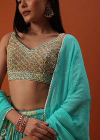 Sky Blue Lehenga And Blouse In Chinon With Floral Work