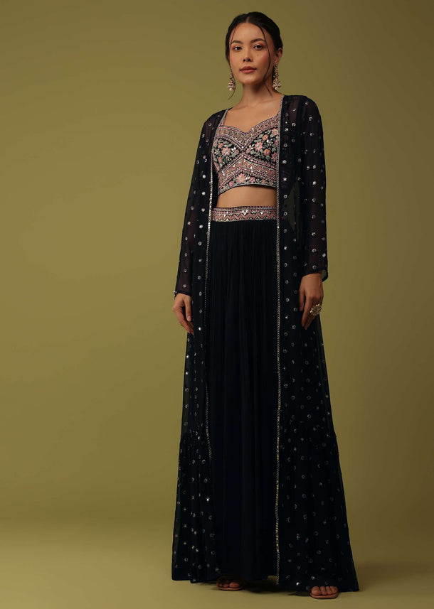 Navy Blue Santoon Crop Top And Palazzo Set With Floral Embroidery