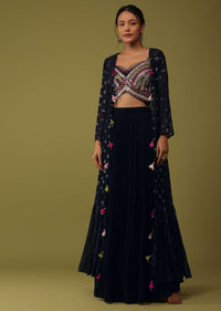 Royal Blue Santoon Crop Top And Palazzo Set With Floral Embroidery