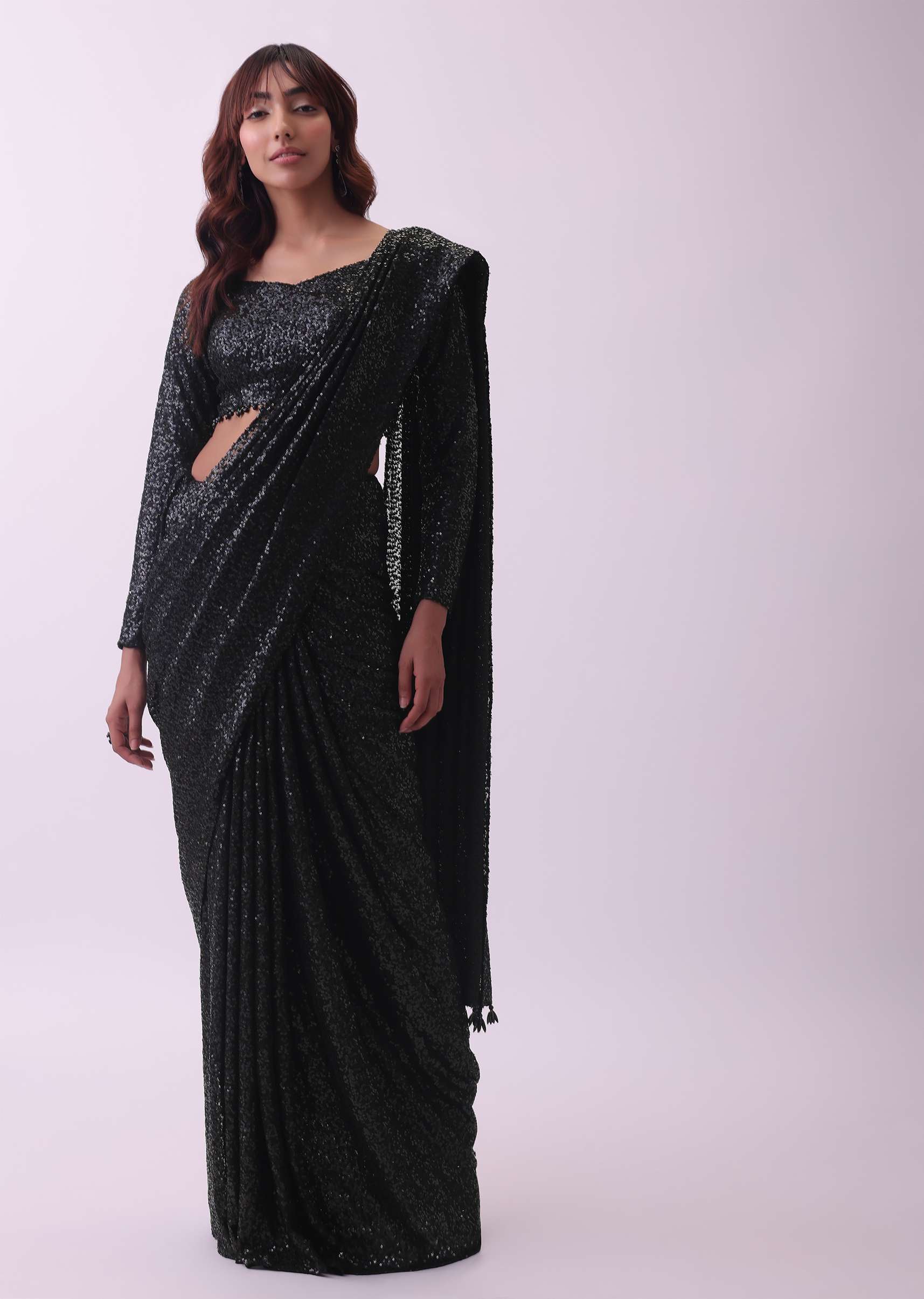 Black Sequins Saree And Blouse With Crystal Detailing