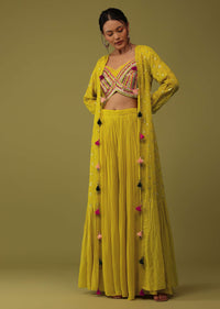 Mustard Yellow Santoon Crop Top And Palazzo Set With Floral Embroidery