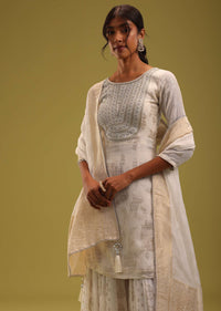 Ivory White Embroidered Kurti And Sharara Set With Brocade Dupatta