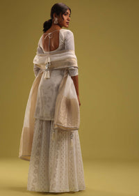 Ivory White Embroidered Kurti And Sharara Set With Brocade Dupatta