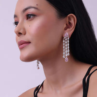 92.5 Sterling Silver Danglers With Lab Diamonds And Pink Pear Shaped Synthetic Stone