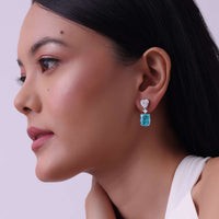 92.5 Sterling Silver Danglers Studded With Aquamarine Blue Synthetic Stone In Cubical Shape