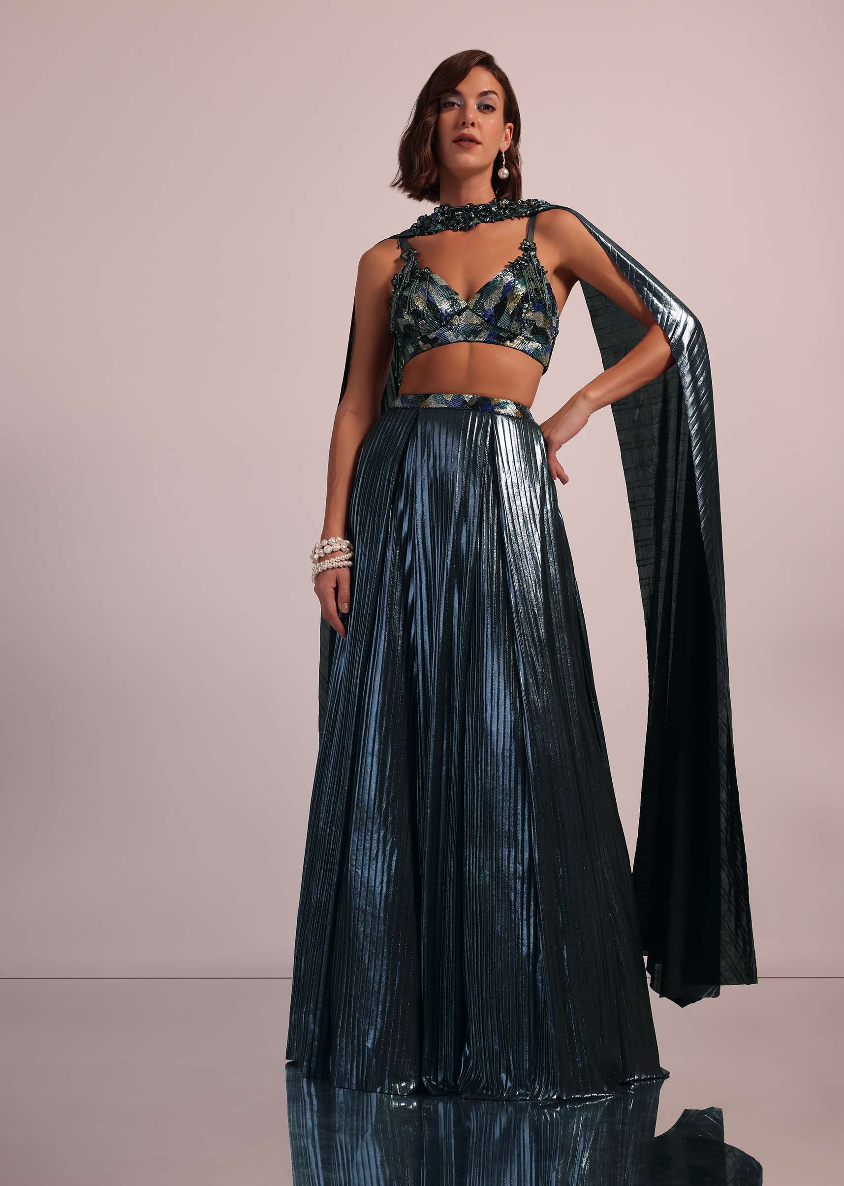 Dark Teal Blue Bridesmaid Lehenga Set With Choker