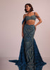 Dark Blue Fish Cut Bridal Lehenga Set In Net With Attached Cape