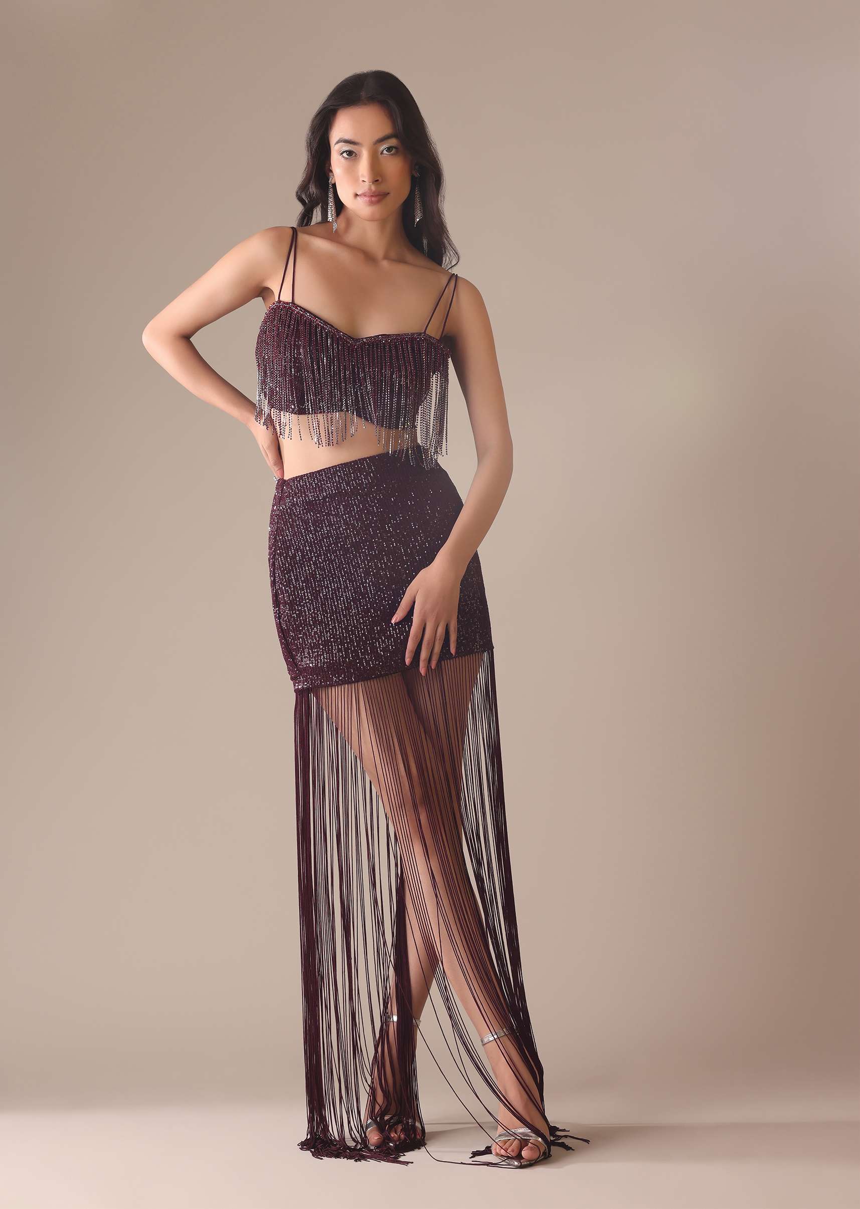 Wine Stone Embroidered Skirt And Blouse Set With Fringes