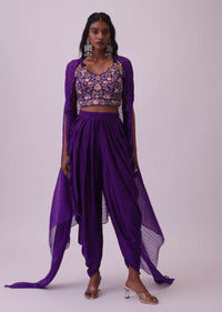 Mulberry Purple Crop Top & Dhoti Set In Satin With Floral Work