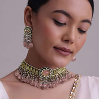 Voilet Toned Gold-Finish Kundan Choker Necklace Set With Colourful Meenakari Work In Mix Metal