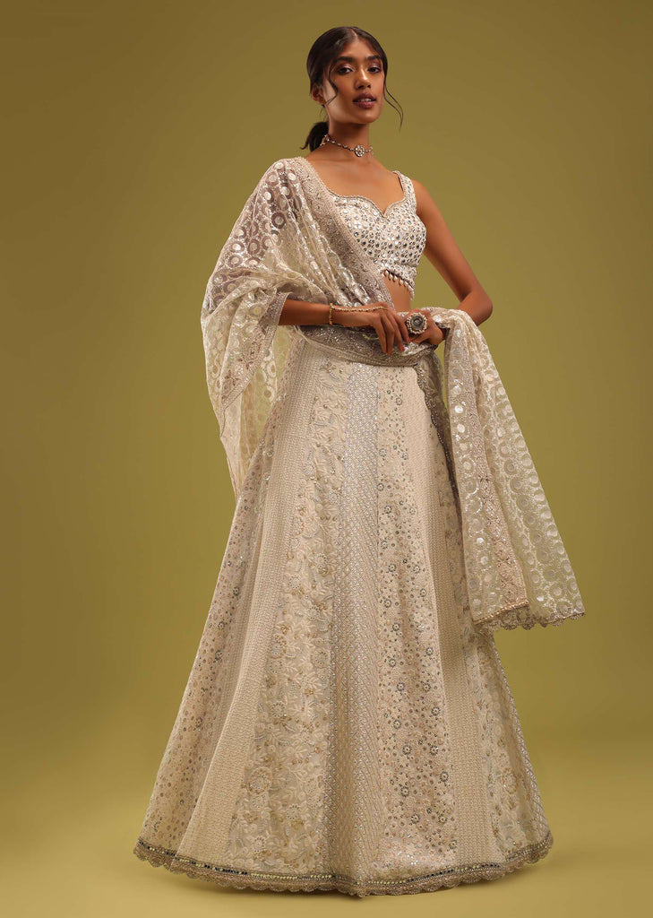 Ivory White Zari Embroidered Lehenga And Blouse Set In Georgette