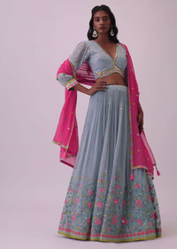 Powder Blue Embroidered Lehenga And Blouse In Georgette