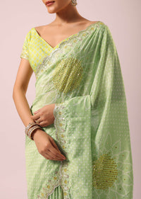 Green Muslin Saree With Bandhani Gota Patti Work