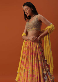 Mustard Yellow Lehenga And Blouse In Chinon With Floral Work