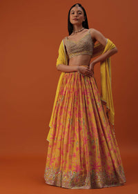 Mustard Yellow Lehenga And Blouse In Chinon With Floral Work