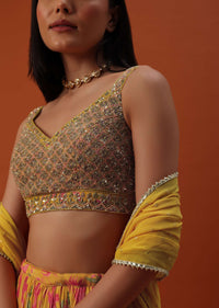 Mustard Yellow Lehenga And Blouse In Chinon With Floral Work