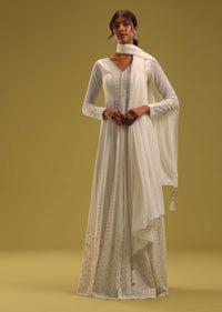Pearl White Lucknowi Anarkali And Palazzo Set In Georgette