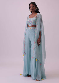 Powder Blue Georgette Palazzo And Silk Crop Top Set With Embroidery