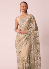 Beige Mirror Work Saree With Scallop Border And Unstitched Blouse Piece