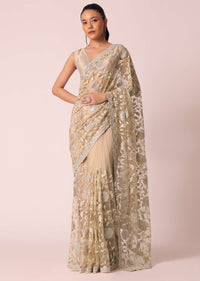 Beige Mirror Work Saree With Scallop Border And Unstitched Blouse Piece