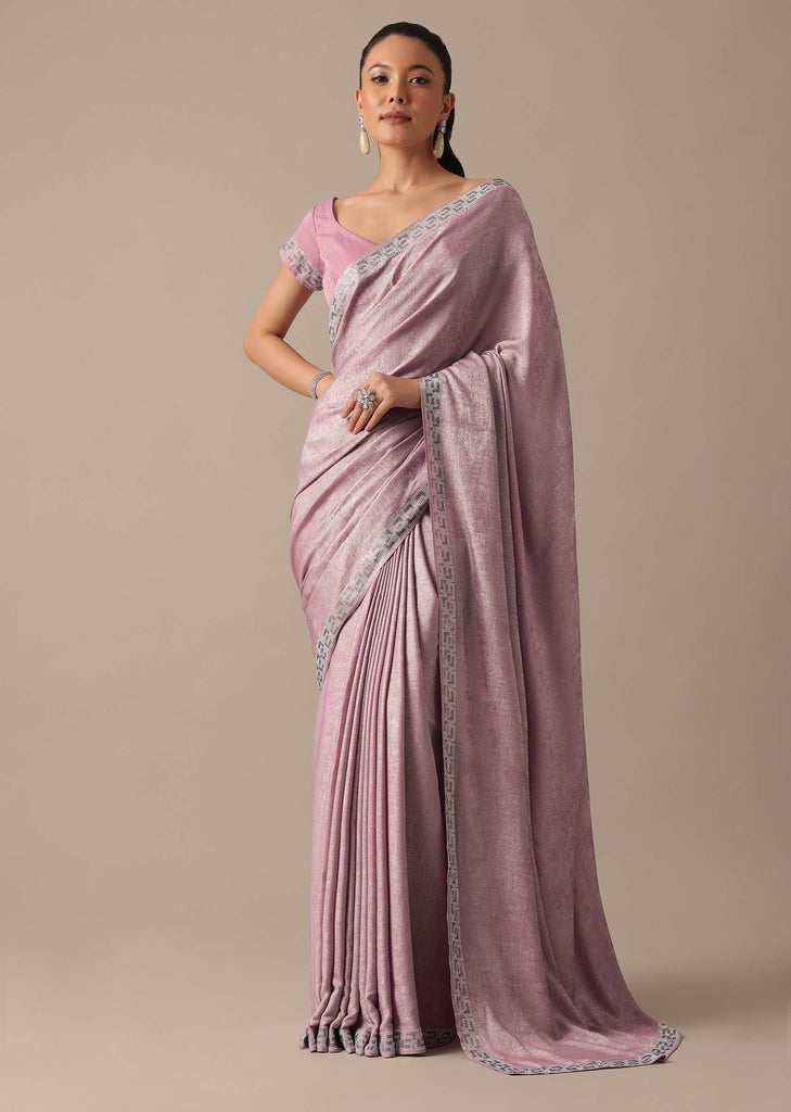 Pink Foil Georgette Saree With Swarovski Work And Unstitched Blouse Piece