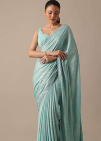 Blue Saree In Foil Georgette With Swarovski Work And Unstitched Blouse Piece