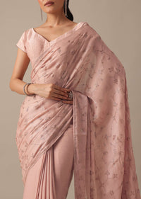Peach Chiffon Saree With Swarovski Embellishments And Unstitched Blouse Piece