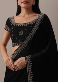 Black Stone Embellished Saree In Satin