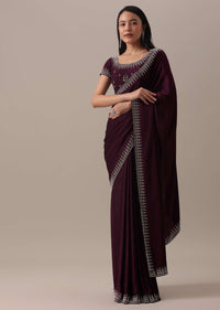 Red Stone Embellished Saree In Satin