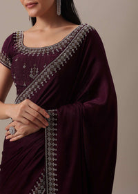 Red Stone Embellished Saree In Satin