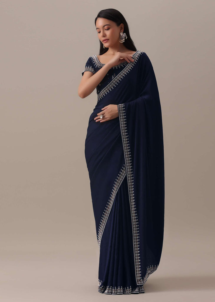 Blue Stone Embellished Saree In Satin