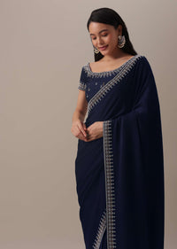 Blue Stone Embellished Saree In Satin