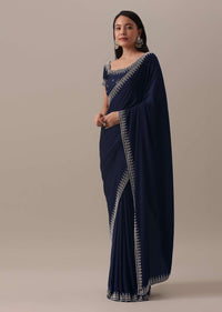 Blue Stone Embellished Saree In Satin