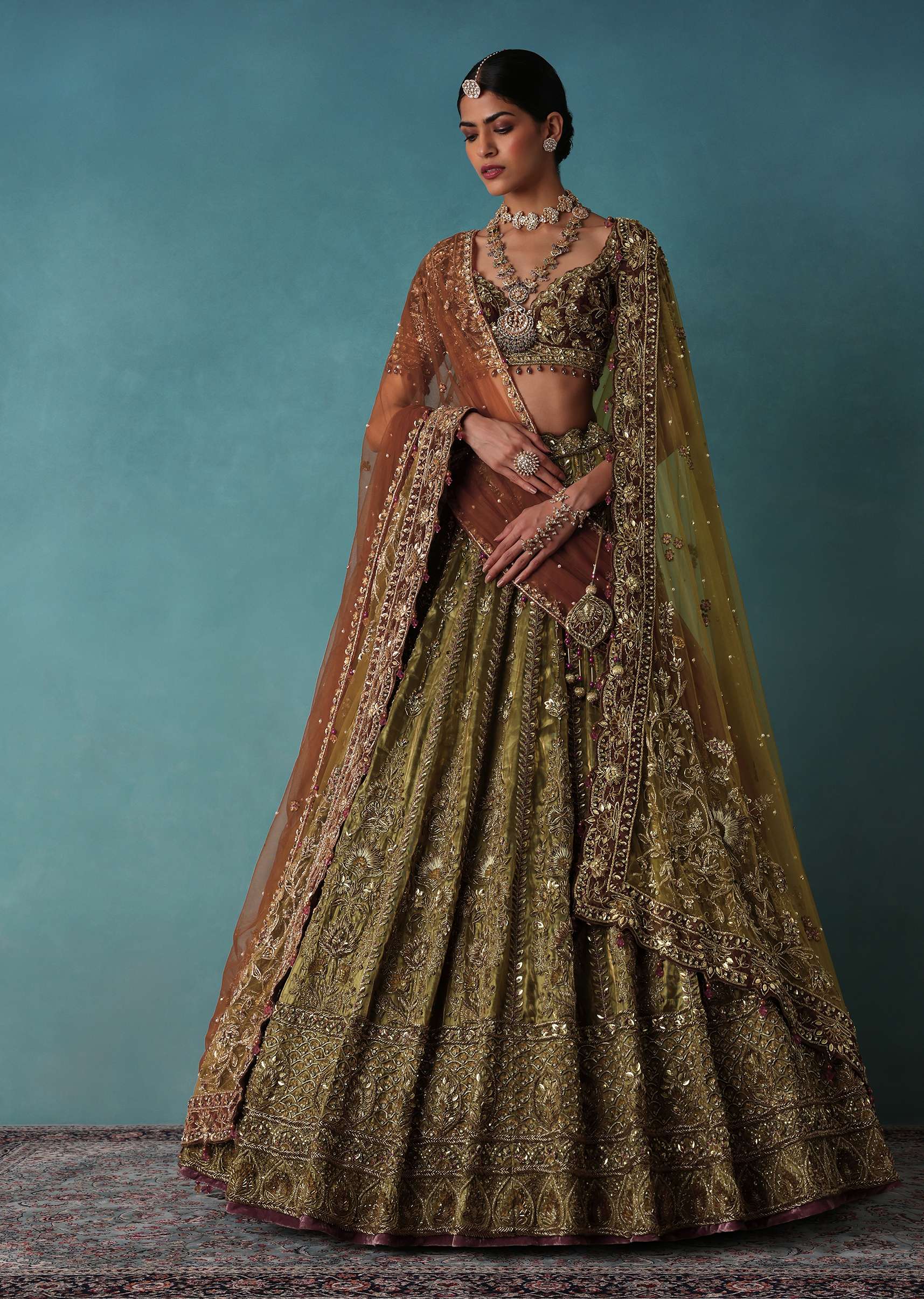 Olive Gold Bridal Lehenga Set Adorned With Sequins And Pearls