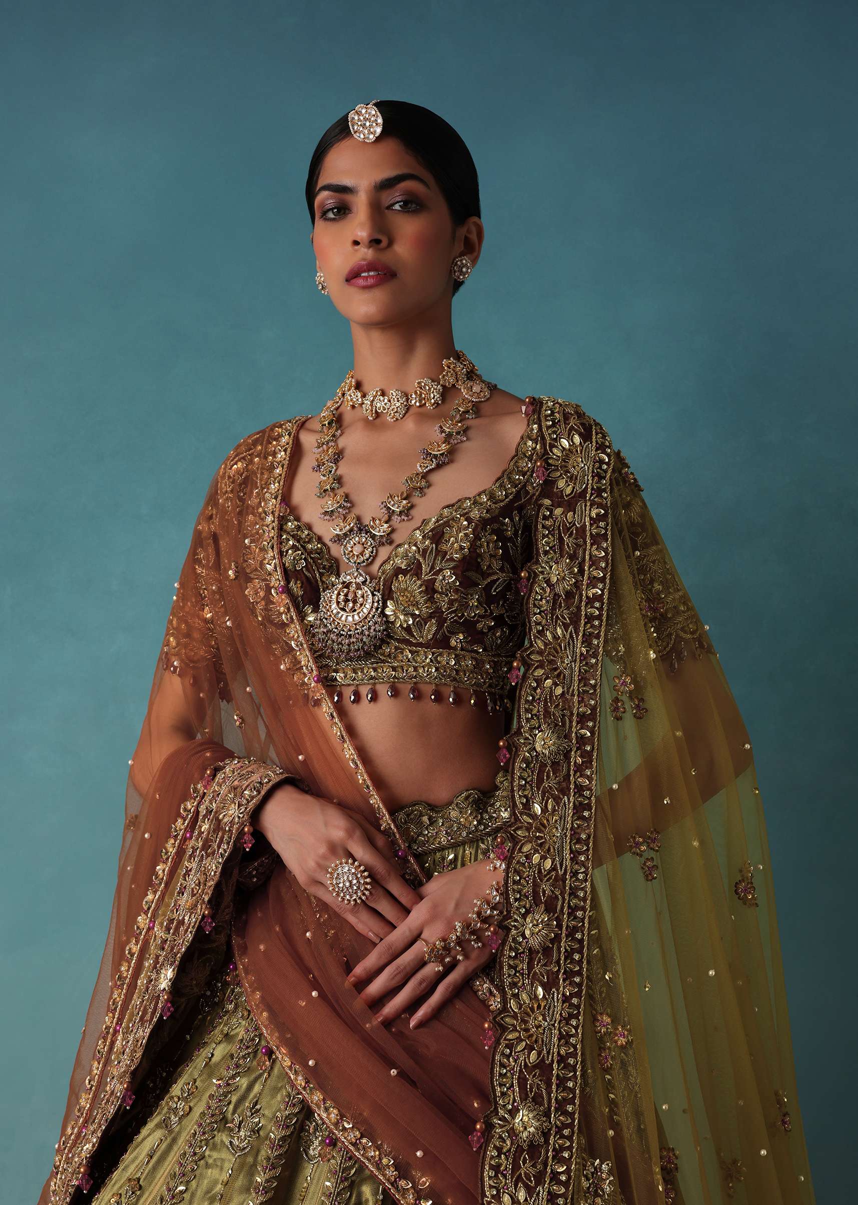 Olive Gold Bridal Lehenga Set Adorned With Sequins And Pearls