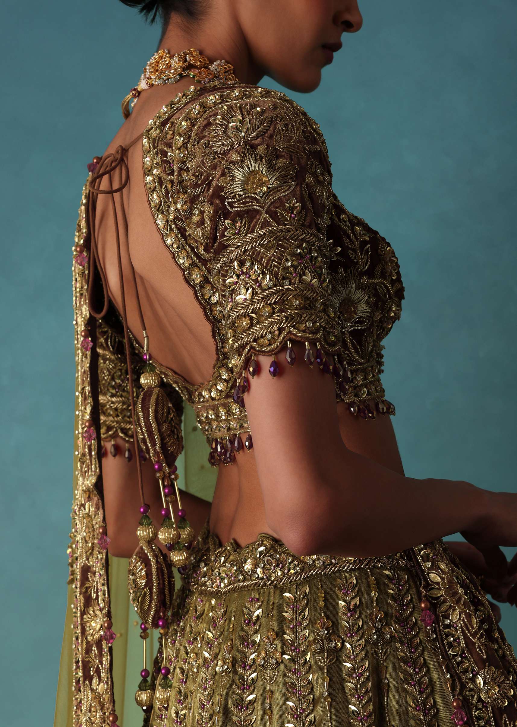 Olive Gold Bridal Lehenga Set Adorned With Sequins And Pearls