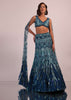 Blue Fish Cut Bridal Lehenga Set With Long Trail Sleeves And Heavy Embroidery