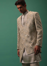 White Organza Kurta And Fusing Pants Set With Heavy Embroidered Overlapping Jacket