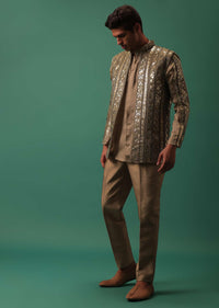 Light Brown Open Bandi Jacket And Kurta Set With Heavy Foil Work