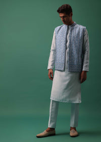 Sky Blue Heavy Hand Embroidered Bandi Jacket Set With Kurta Fusing Pants