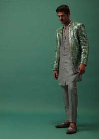 Green Jodhpuri Jacket And Kurta Set With Heavy Foil Work