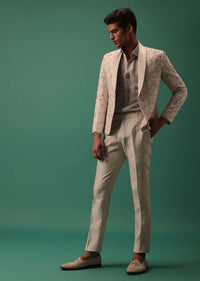 Off White Heavy Hand Embroidered Tuxedo Suit In Dola Silk