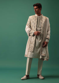 Off White Indowestern Jacket Set In Dola Silk With Resham Embroidery